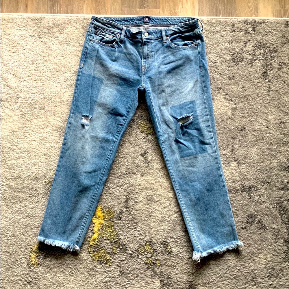 Cropped patched girlfriend jeans